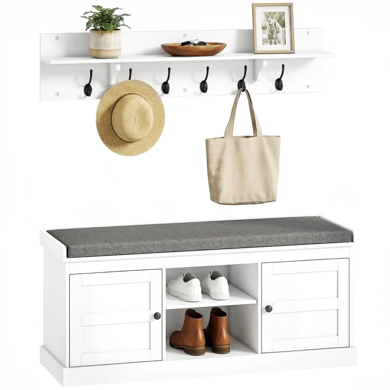 HOMCOM 2 in 1 Coat Rack Shoe Bench Set with 6 Hooks and Shoe Storage Bench, White and Grey
