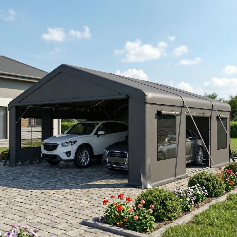 Outsunny 20' x 20' Heavy Duty Carport, Portable Garage Car Canopy Tent Shelter with 3 Roll-up Doors, 4 Windows, Dark Grey