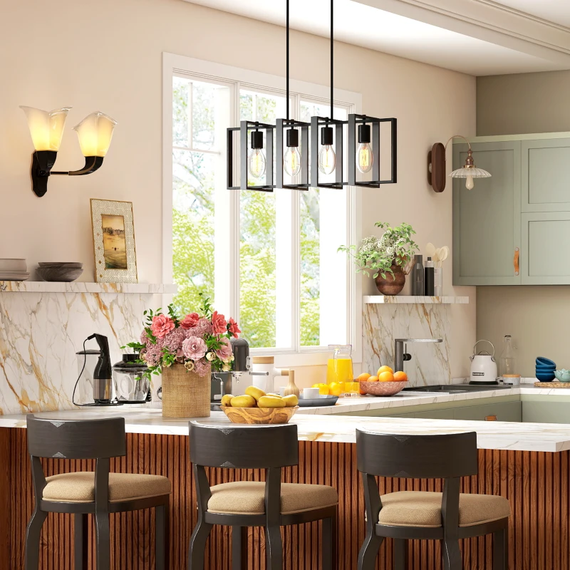 HOMCOM Farmhouse Kitchen Island Lighting, Linear Pendant Light with 4 Rotatable Frames and Adjustable Height, Black