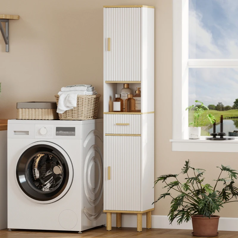 HOMCOM Tall Bathroom Storage Cabinet, Freestanding Bathroom Cabinet with Drawer, Adjustable Shelves, Open Compartment, White