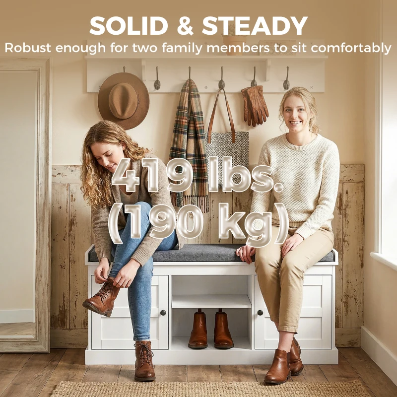 HOMCOM 2 in 1 Coat Rack Shoe Bench Set with 6 Hooks and Shoe Storage Bench, White and Grey