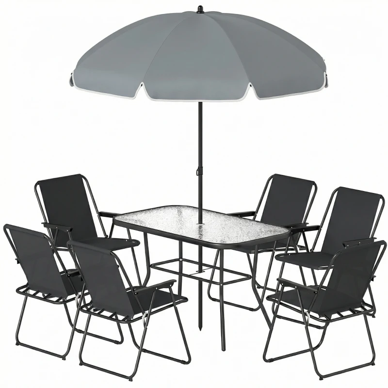 Outsunny 8 Piece Patio Table and Chairs Set with Folding Chairs, Tempered Glass Tabletop and Umbrella for Garden, Black