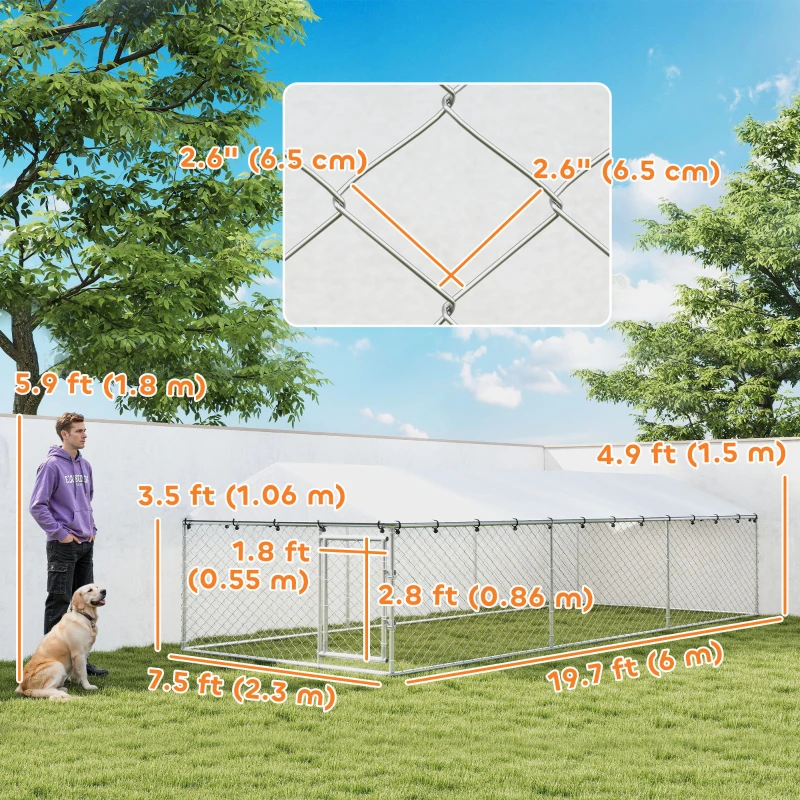 PawHut 19.7' x 7.5' x 4.9' Outdoor Dog Kennel Heavy Duty Galvanized Steel Chain Link with UV-resistant Roof, Silver