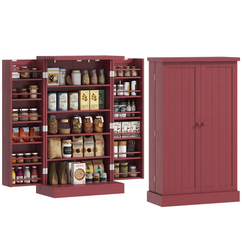 HOMCOM Freestanding Kitchen Pantry, Kitchen Storage Cabinet with 5-Tier Shelf, 12 Spice Racks, Adjustable Shelves, Red