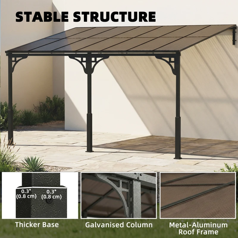 Outsunny 13' x 10' Lean to Gazebo, Hardtop Wall Mounted Outdoor Pergola with Polycarbonate Roof and Metal-Aluminium Frame