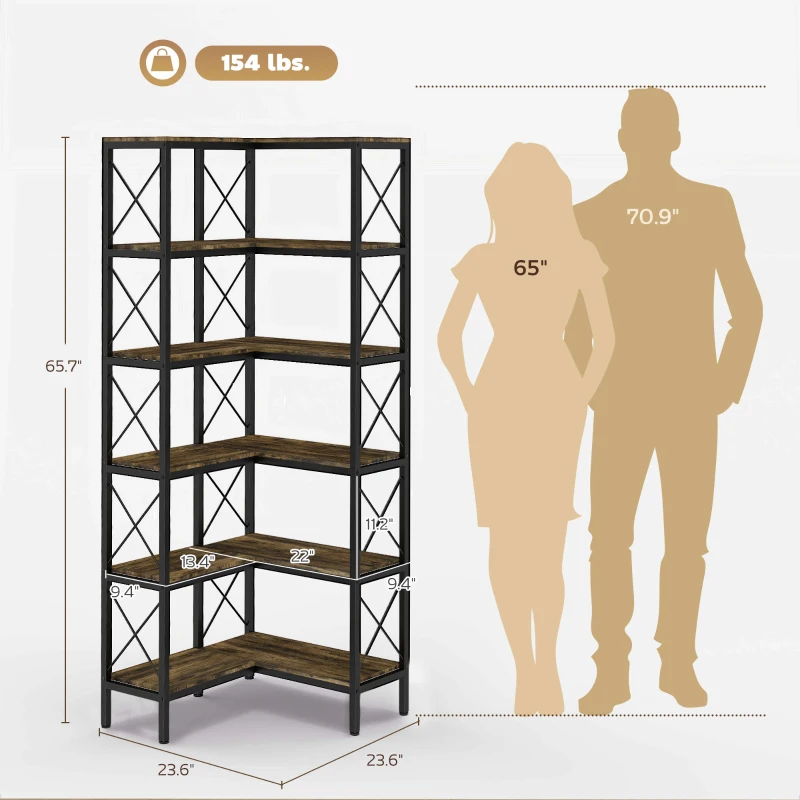 HOMCOM 5-Tier L-Shaped Bookshelf, Freestanding Bookcase with Metal Frame, Rustic Brown