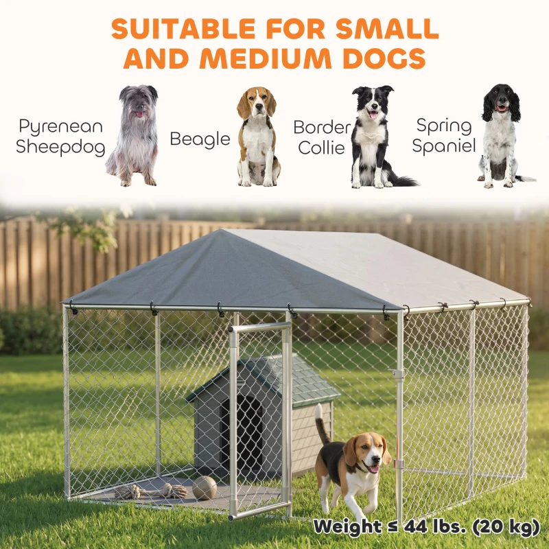 PawHut 7.5' x 7.5' x 5.6' Outdoor Dog Kennel Heavy Duty Galvanized Steel Chain Link with UV-resistant Roof, Silver