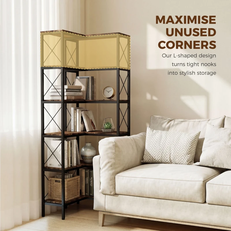 HOMCOM 5-Tier L-Shaped Bookshelf, Freestanding Bookcase with Metal Frame, Rustic Brown