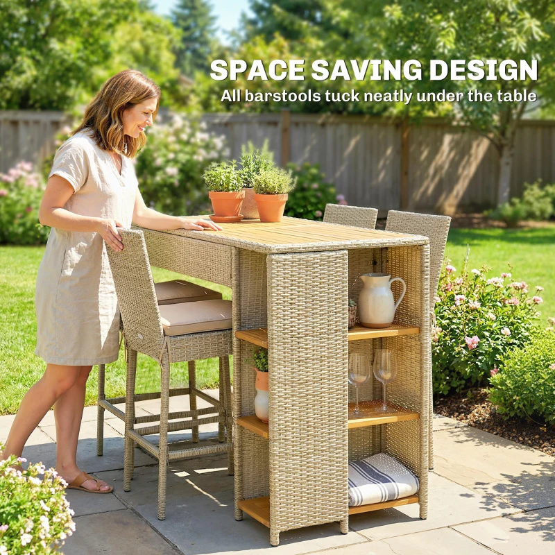 Outsunny 5 Piece Wicker Outdoor Bar Set, Acacia Wood Outdoor High Top Table and Chairs with 3 Tier Shelves, Cushions, Brown