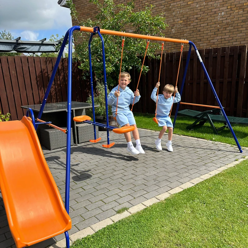 Outsunny 4 in 1 Metal Swing Set with Double Swings, Glider, Slide, Ladder for Backyard, Outdoor, Playground, Multicoloured