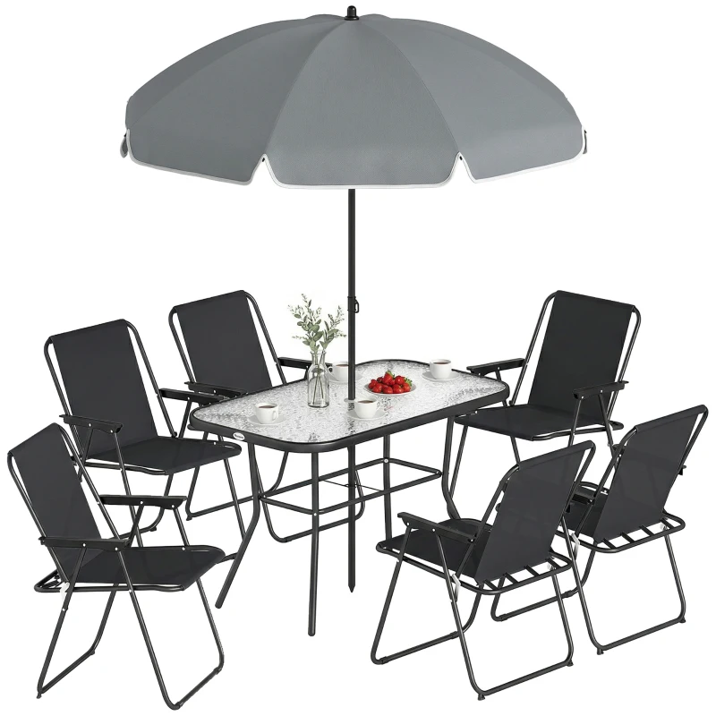 Outsunny 8 Piece Patio Table and Chairs Set with Folding Chairs, Tempered Glass Tabletop and Umbrella for Garden, Black