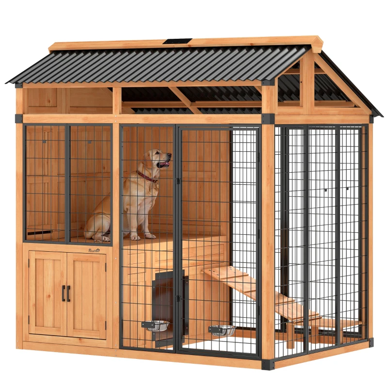 PawHut 7' x 5' Extra Large Dog House, Wood Outdoor Dog Kennel with Platform, Storage Cabinet for Large Breeds, Yellow