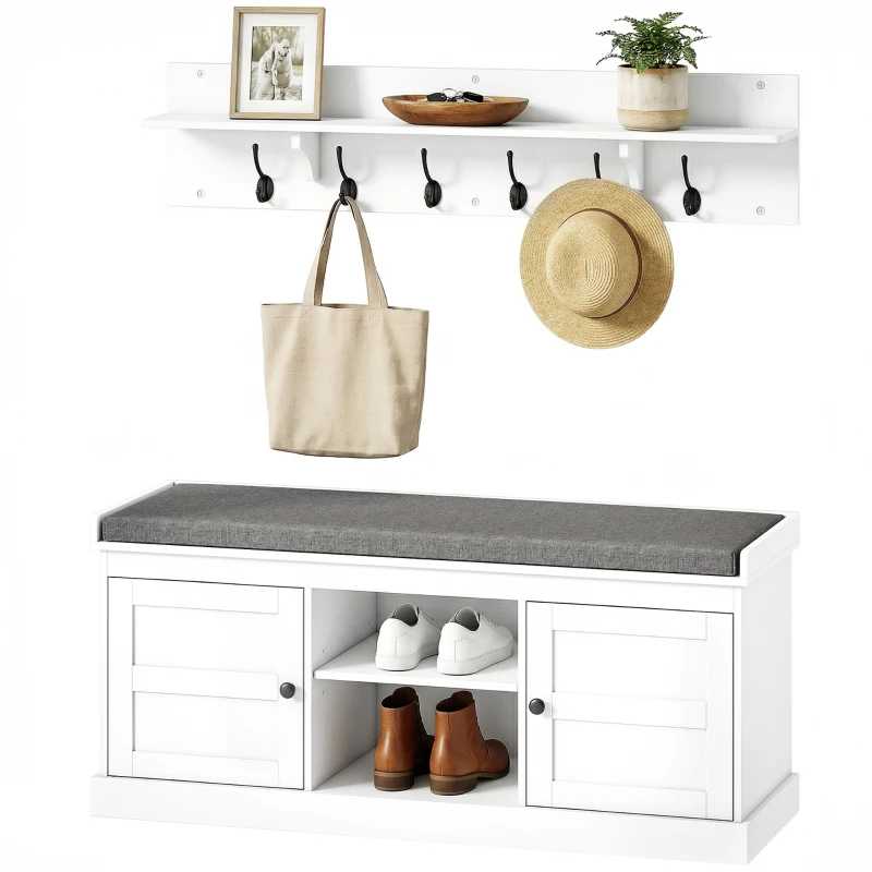 HOMCOM 2 in 1 Coat Rack Shoe Bench Set with 6 Hooks and Shoe Storage Bench, White and Grey