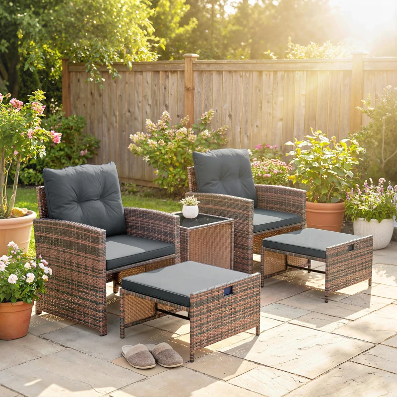 Outsunny 5 Piece Patio Furniture Set, Wicker Patio Chairs with Ottomans, 2-Tier Glass Coffee Table and Cushions, Brown/Dark Grey