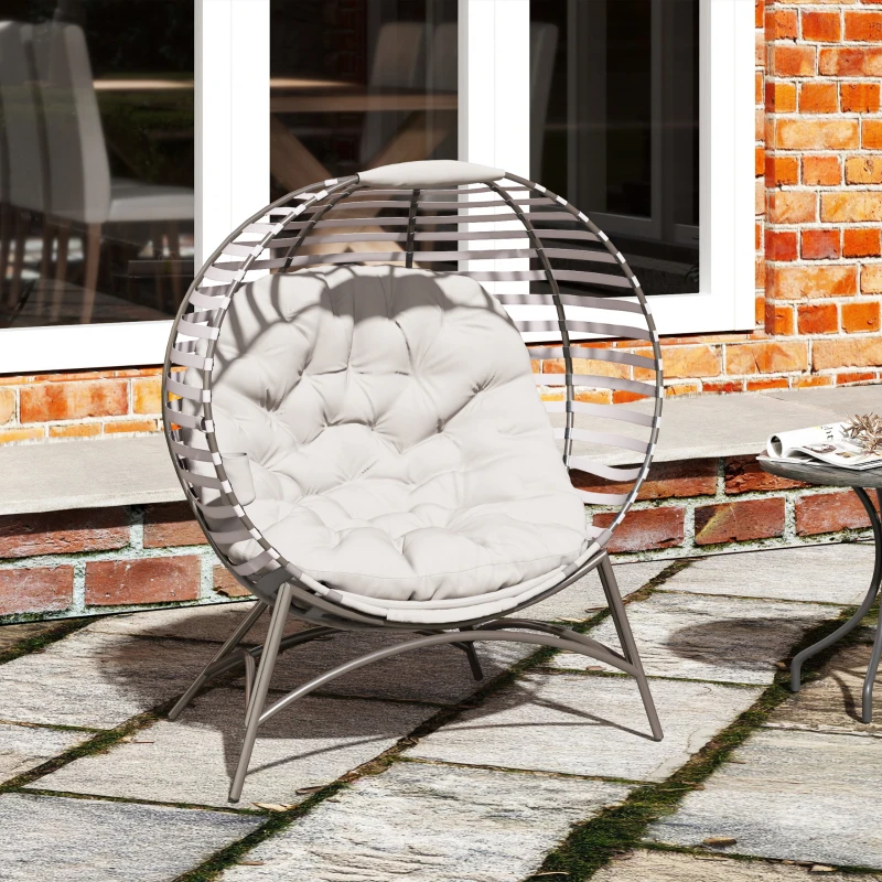 Outsunny Egg Chair, Patio Lounge Chair, Foldable Basket Chair with Large Seat Cushion, Side Pocket, Light Grey