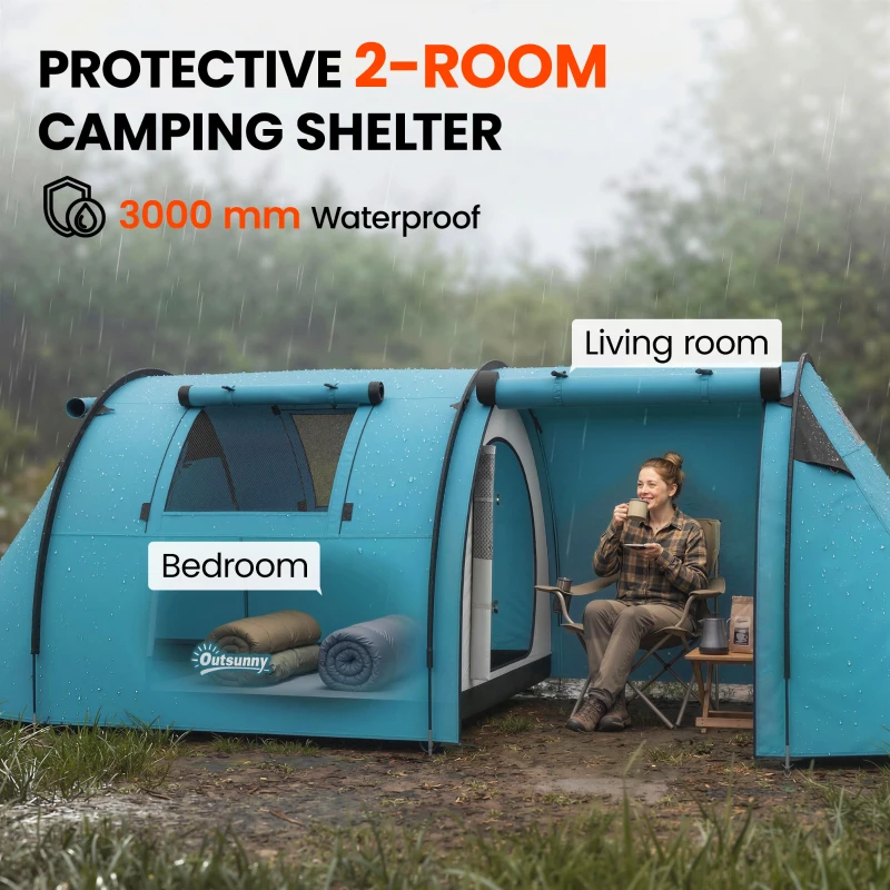 Outsunny 3-4 Person Camping Tent with 2 Rooms, 3000mm Waterproof Portable Family Tent with Carry Bag, Sky Blue