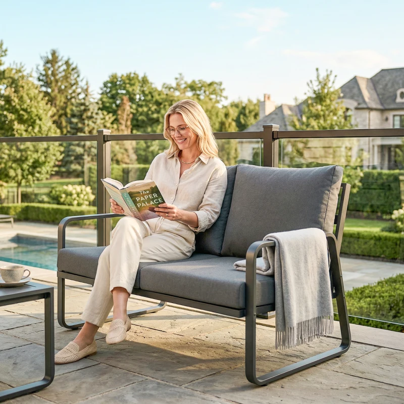 Outsunny Outdoor Sofa Thick Cushions Outdoor Patio Couch Loveseat 2 Seater for Garden Black and Light Grey