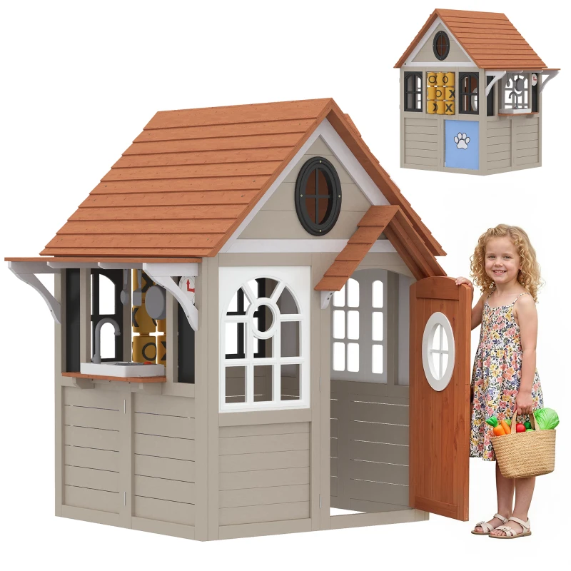 Qaba Outdoor Playhouse, Wooden Kids Playhouse with Dog Door, Cookware, Blackboard, Clock, Tic-Tac-Toe Roller for Backyard