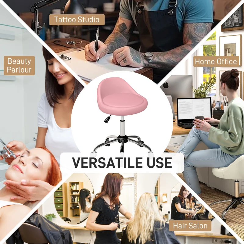 HOMCOM Salon Stool, Adjustable Rolling Stool, Pink