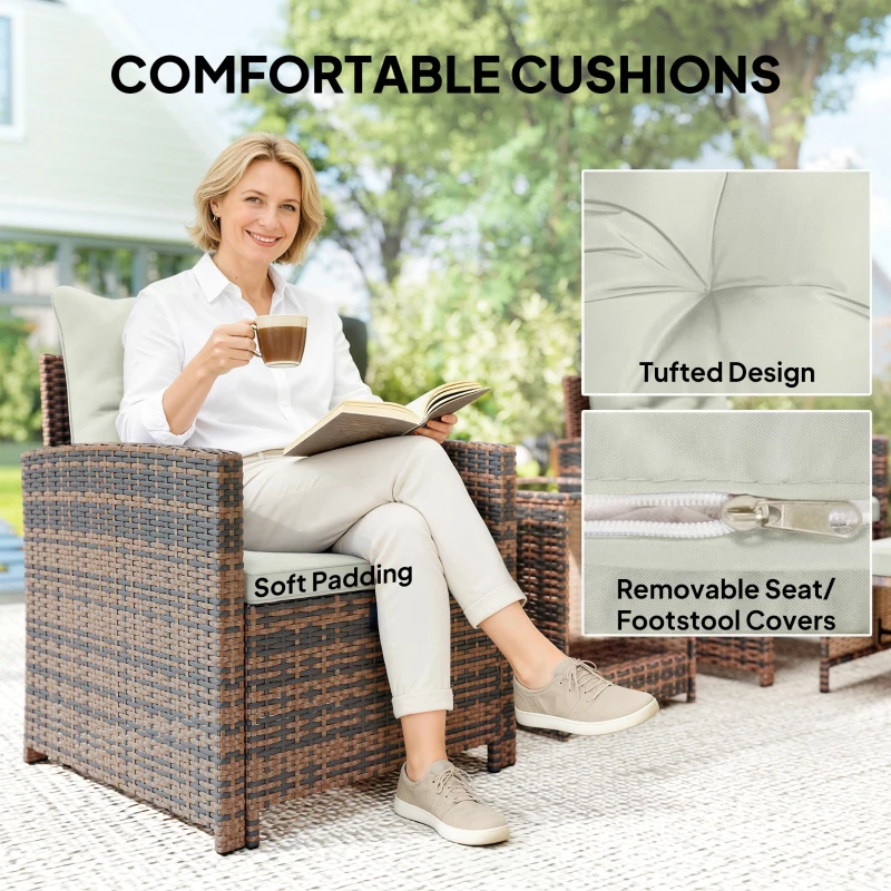 Outsunny 5 Piece Patio Furniture Set, Wicker Patio Chairs with Ottomans, 2-Tier Glass Coffee Table and Cushions, Brown/Cream