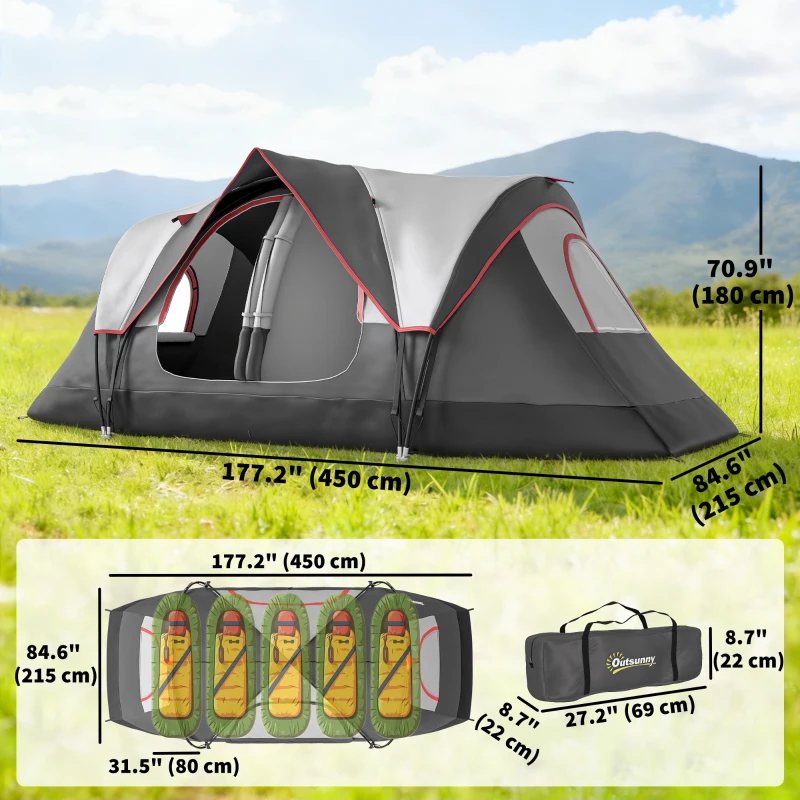 Outsunny Camping Tent for 6-8 Man with 2000mm Waterproof Rainfly and Carry Bag for Fishing Hiking Festival, Dark Grey