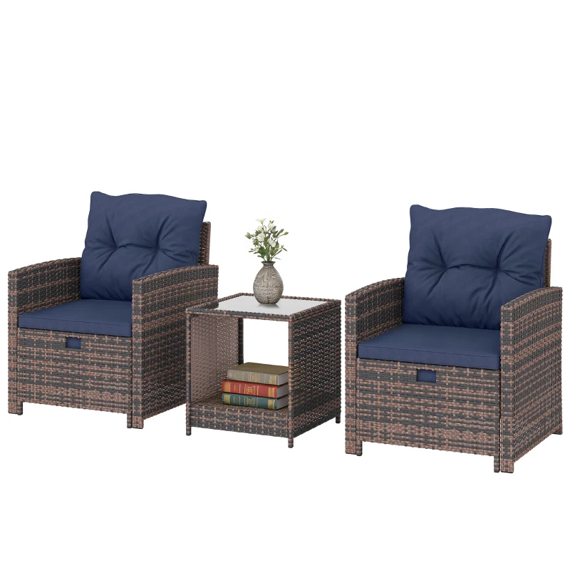 Outsunny 5 Piece Patio Furniture Set, Wicker Patio Chairs with Ottomans, 2-Tier Glass Coffee Table and Cushions, Brown/Dark Blue