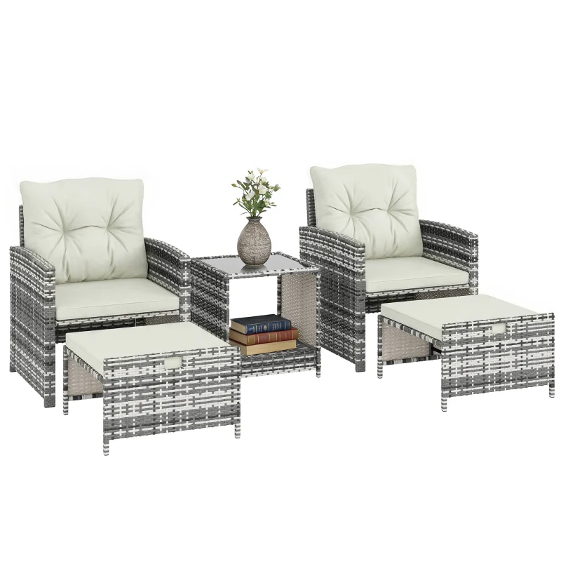 Outsunny 5-Piece Outdoor Patio Furniture Set, Wicker Patio Chairs with Ottomans, 2-Tier Glass Coffee Table and Cushions, Modern Garden Conversation Set, Grey and Cream White