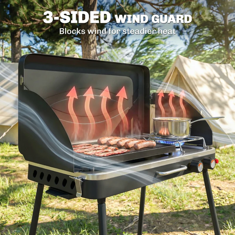 Outsunny 2-in-1 Camping Stove & Gas Griddle Combo, 20,000 BTU Portable Propane Grill with Detachable Legs, Wind Guards, Black
