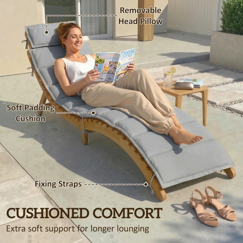Outsunny Folding Chaise Lounge Chair Outdoor, Acacia Wood Lounger Tanning Chair with Cushion, Headrest, Light Grey