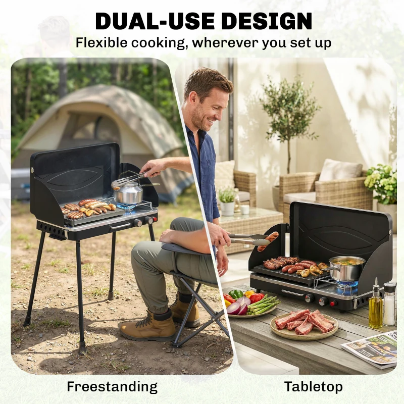 Outsunny 2-in-1 Camping Stove & Gas Griddle Combo, 20,000 BTU Portable Propane Grill with Detachable Legs, Wind Guards, Black