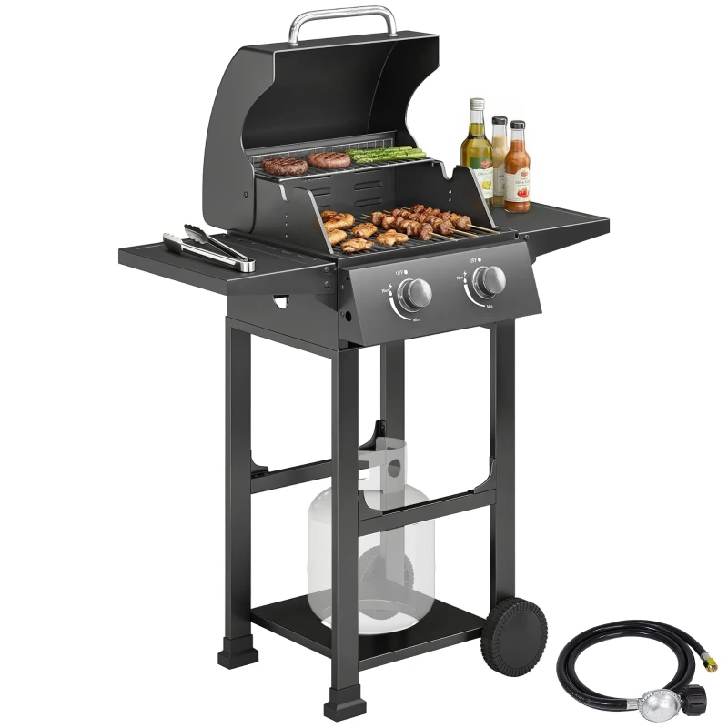 Outsunny 2 Burner Propane Gas Grill with Wheels, 18,400 BTU Portable BBQ Grill with Foldable Side Shelves, Warming Rack, Black