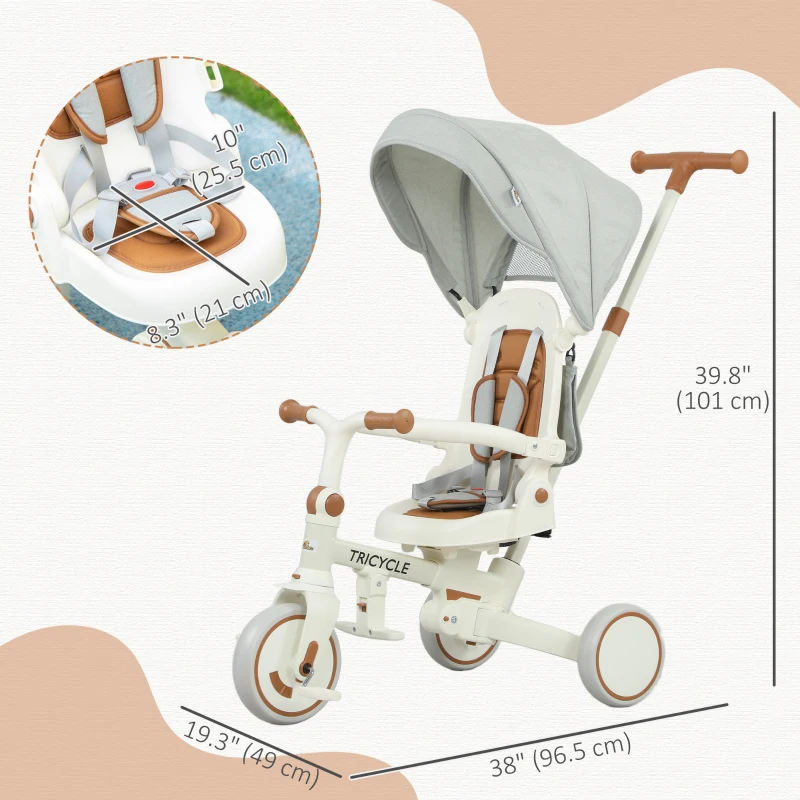 Qaba 7 in 1 Toddler Tricycle w/ Safety Harness, Adjustable & Removable Parent Handle, Canopy, Storage Bag, Brake, Cream White
