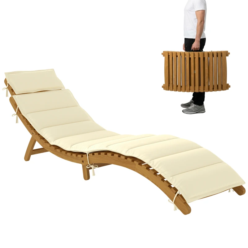 Outsunny Folding Chaise Lounge Chair Outdoor, Acacia Wood Lounger Tanning Chair with Cushion, Headrest, Cream White