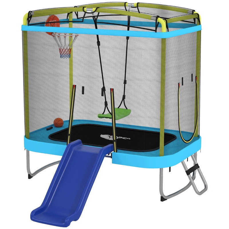 Qaba 70" x 47" Trampoline for Kids Indoor & Outdoor with Slide, Swing, Basketball Hoop and Safety Enclosure, Light Blue