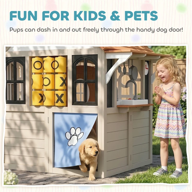Qaba Outdoor Playhouse, Wooden Kids Playhouse with Dog Door, Cookware, Blackboard, Clock, Tic-Tac-Toe Roller for Backyard