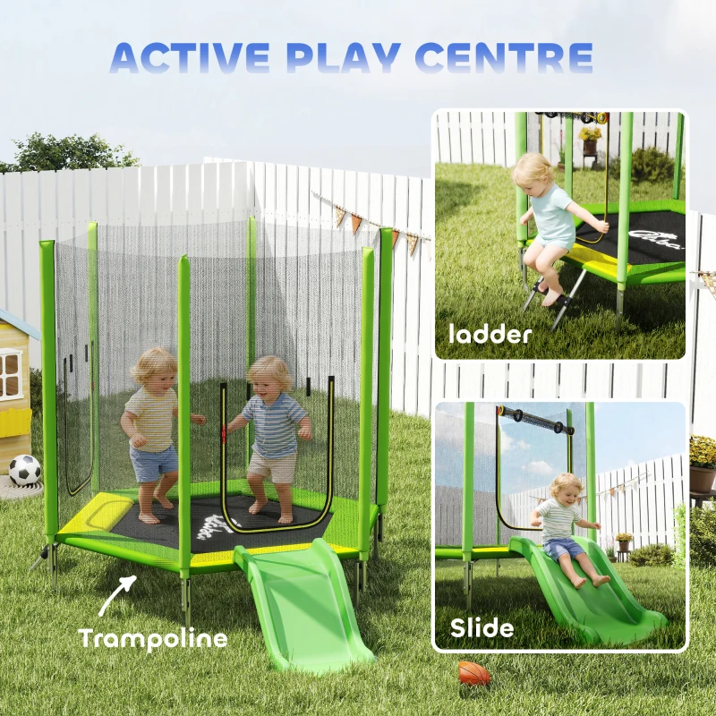 Qaba 85" Trampoline for Kids with Safety Enclosure, Toddler Trampoline with Slide Ladder for Ages 3-6 , Green