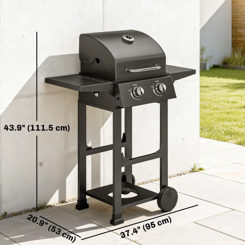 Outsunny 2 Burner Propane Gas Grill with Wheels, 18,400 BTU Portable BBQ Grill with Foldable Side Shelves, Warming Rack, Black