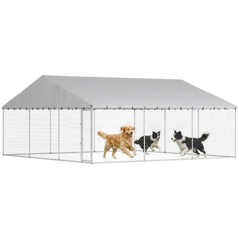 PawHut Heavy Duty Outdoor Dog Kennel with Waterproof Roof, Secure Latch, Chain Link Dog Run for Backyard, 19.7' x 19.7' x 8.9'