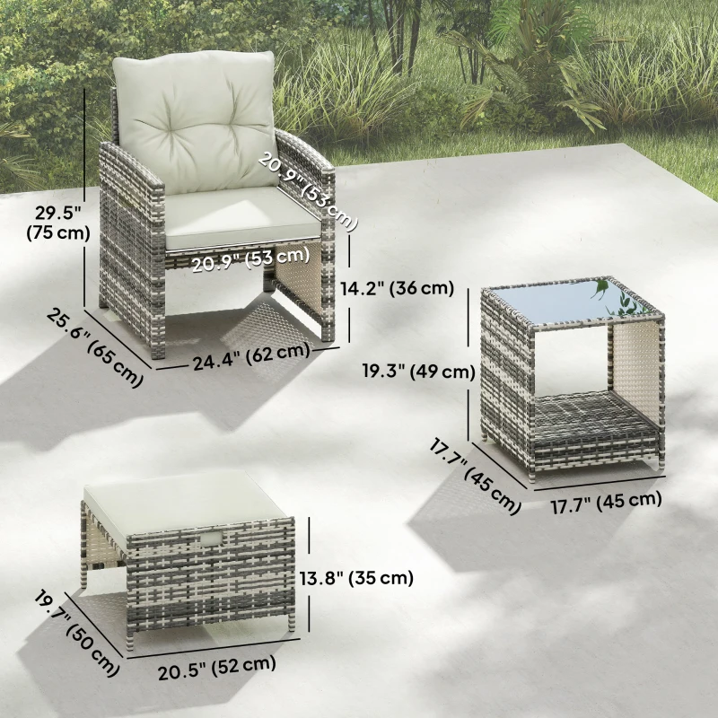 Outsunny 5-Piece Outdoor Patio Furniture Set, Wicker Patio Chairs with Ottomans, 2-Tier Glass Coffee Table and Cushions, Modern Garden Conversation Set, Grey and Cream White