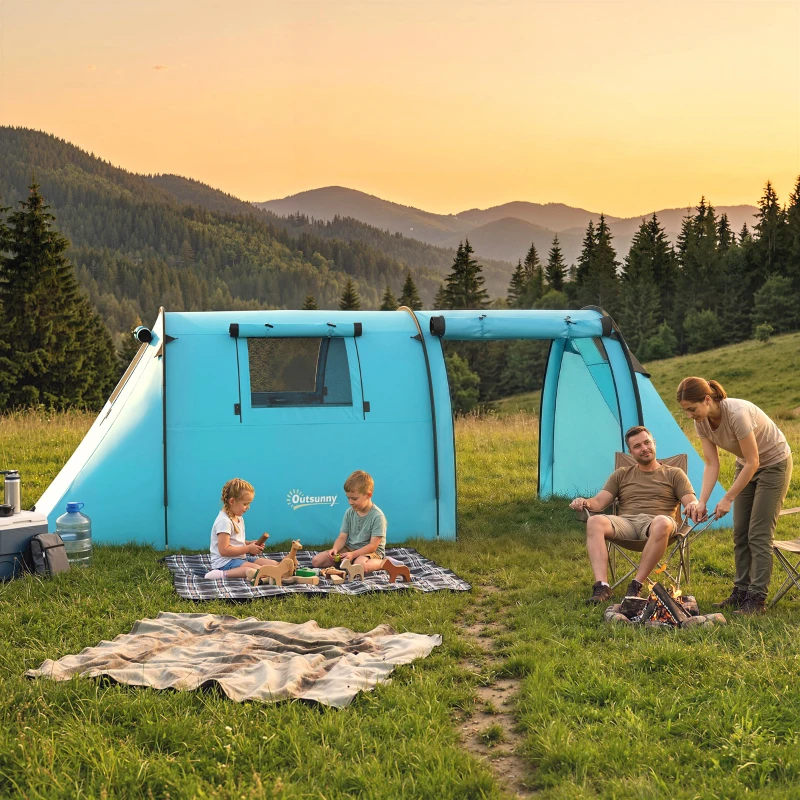 Outsunny 3-4 Person Camping Tent with 2 Rooms, 3000mm Waterproof Portable Family Tent with Carry Bag, Sky Blue