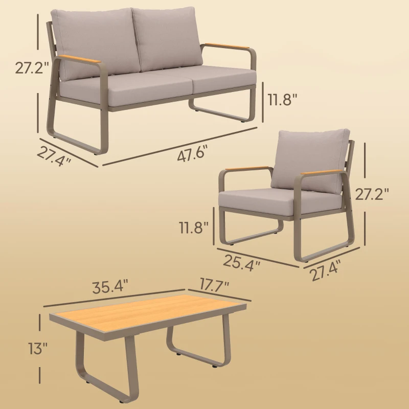 Outsunny 4 Piece Patio Furniture Set, Outdoor Sofa Set with Loveseat, 2 Armchairs, Coffee Table and Cushions