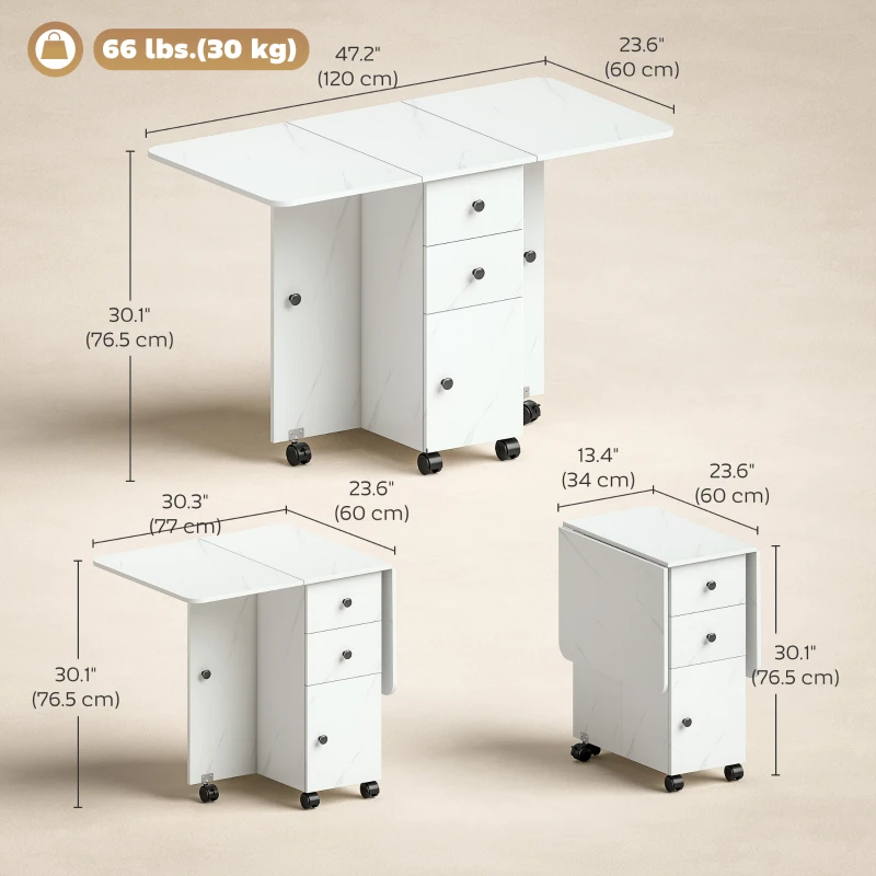 HOMCOM Drop Leaf Dining Table, Mobile Folding Table on Wheels with Drawers and Cabinet for Dining Room, Kitchen, Marble White