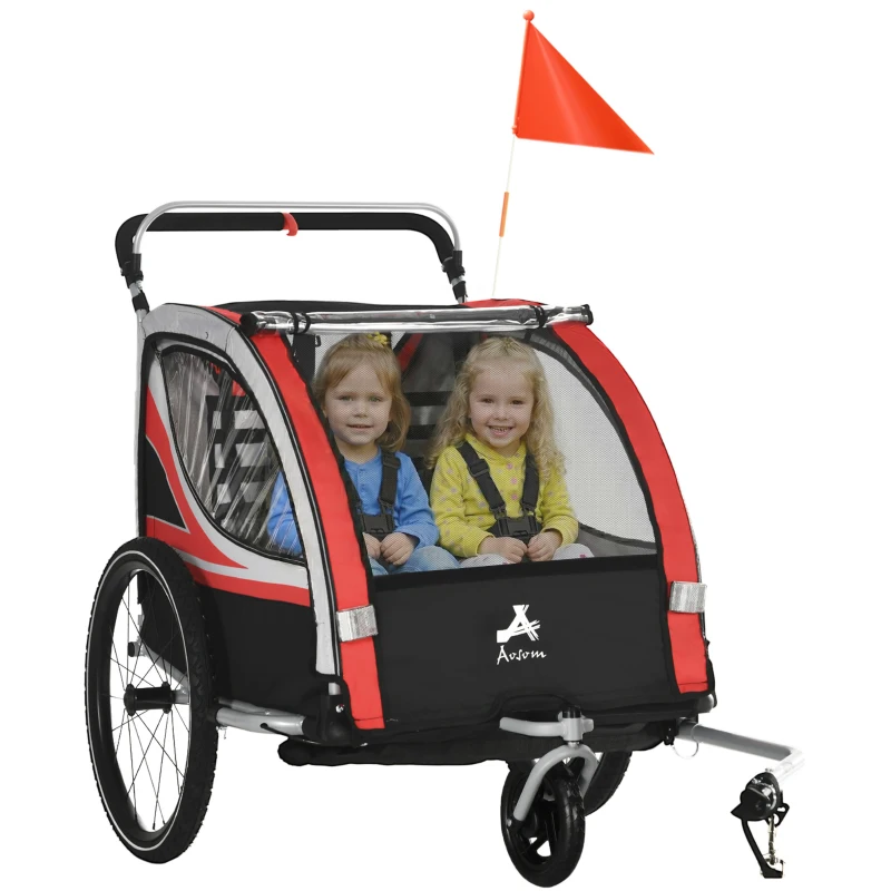 Aosom 3-in-1 Bike Trailer for Kids, Running Stroller with 2 Seats, Jogging Cart with 5-Point Harness, Storage Units, Red