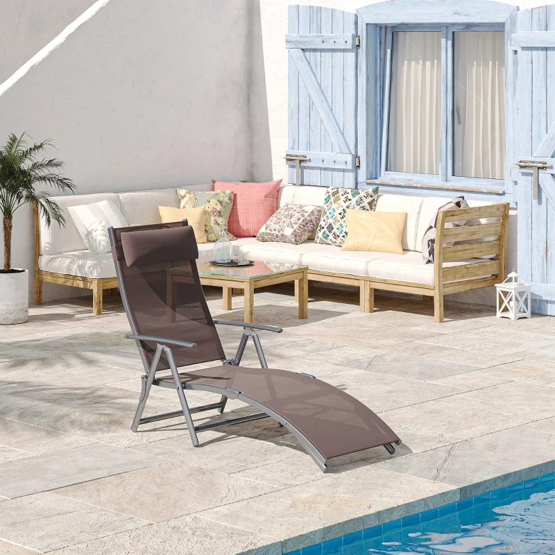 Outsunny Heavy-duty Adjustable Folding Reclining Chair Outdoor Sun Lounger Patio Chaise Lounge Garden Beach Gravity Lounge with Pillow, 7 Adjustable Backrest Positions, Brown