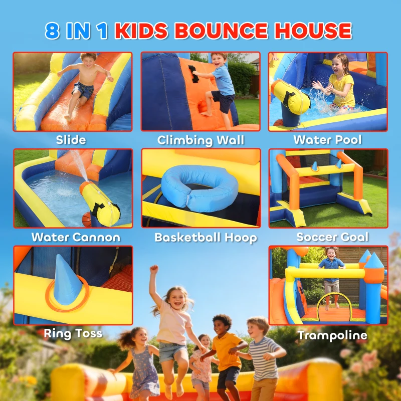 Qaba Bouncy Castle for Kids, Inflatable Bounce House with Slide, Pool (Ball Pit), Climbing Wall and Blower for Indoor Outdoor