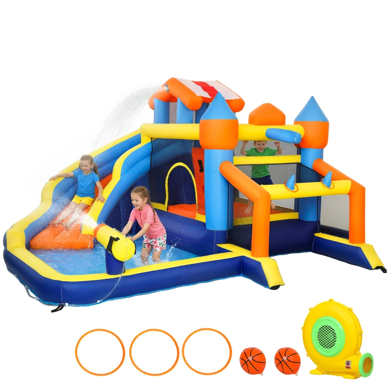 Qaba Bouncy Castle for Kids, Inflatable Bounce House with Slide, Pool (Ball Pit), Climbing Wall and Blower for Indoor Outdoor