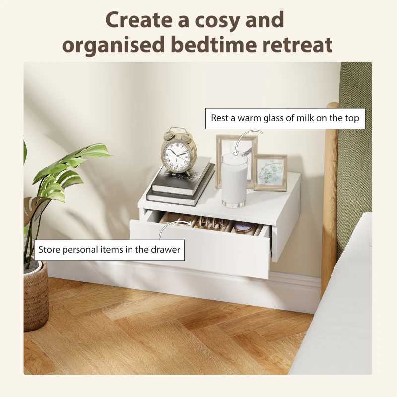 HOMCOM Set of 2 Wall Mounted Bedside Tables, Floating Nightstands with Drawer for Bedroom, White