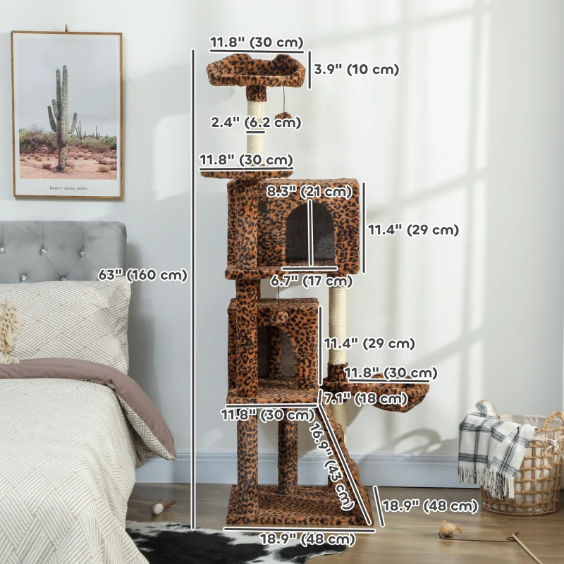 PawHut 63 Inch Cat Tree with Sisal Scratching Posts, Condos, Plush Perches, Hammock, Ladder, Dangling Balls, Leopard Print
