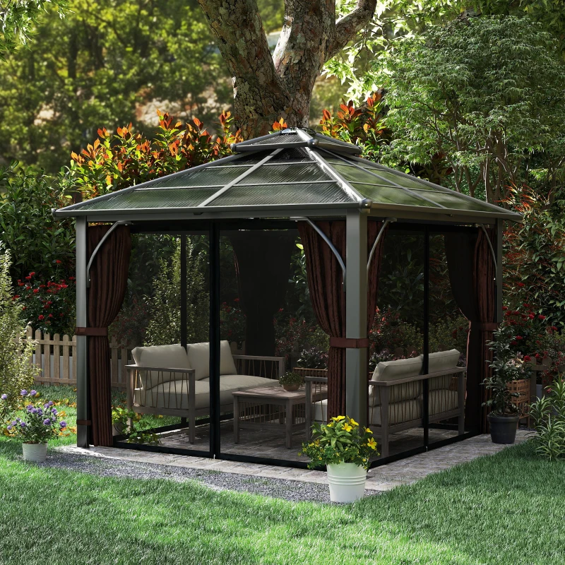 Outsunny 10' x 10' Hardtop Gazebo with 7mm Polycarbonate Double-Tier Roof, Outdoor Gazebo with Netting and Curtains, Coffee