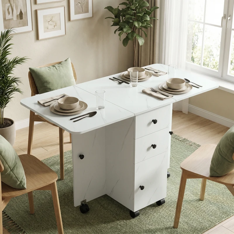 HOMCOM Drop Leaf Dining Table, Mobile Folding Table on Wheels with Drawers and Cabinet for Dining Room, Kitchen, Marble White